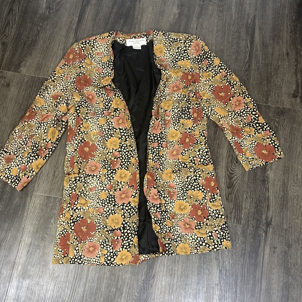 Vintage Jones New York Dress Floral Blazer Jacket Womens Size 10 Open Front Long